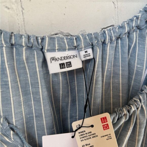 UNIQLO X J.W. ANDERSON Linen Blend Striped Gathered 3/4 Sleeved Dress - Picture 11 of 15